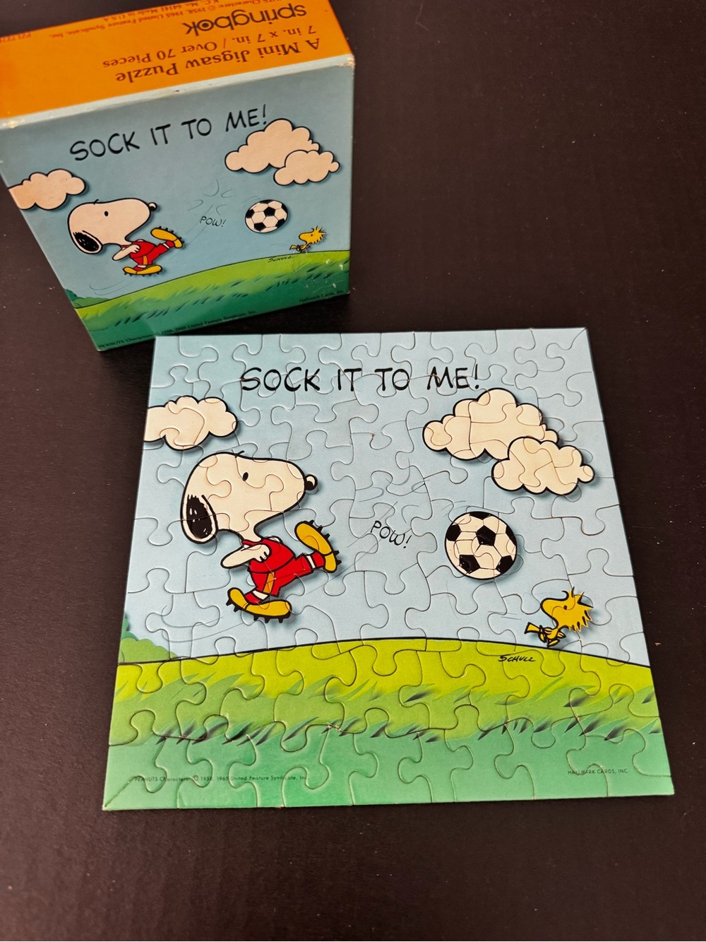 VTG Peanuts mini jigsaw puzzle, c 1958 / 1965, Sock It To Me, 7 x 7 in.